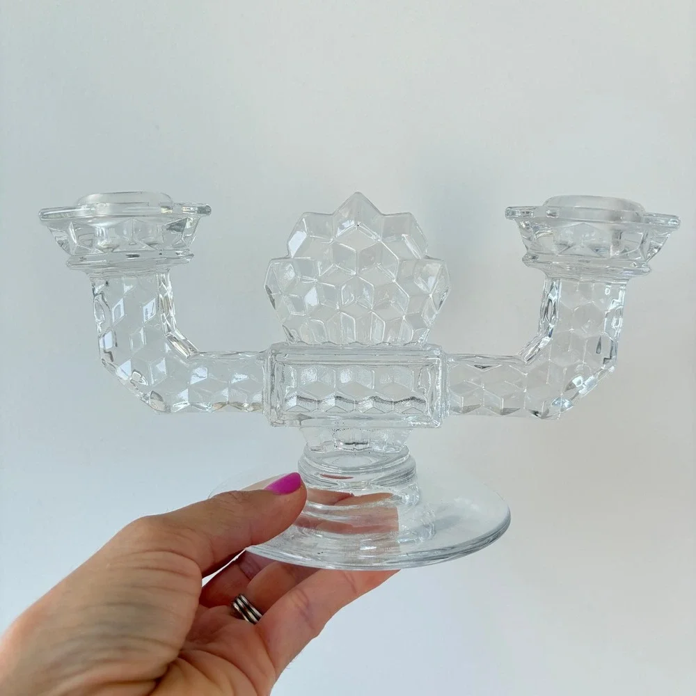 Vintage Double Arm Glass Candelabra Honeycomb Geometric Clear Candle Holder